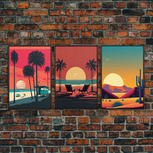 Load image into Gallery viewer, Beach Vibes - Midcentury / Art Deco / 80 Vibes Mash up - Framed Canvas Prints - Turquoise Sky and Palme Trees - 3 Panel Art, Triptych Prints