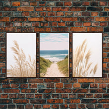Load image into Gallery viewer, Beautiful Set of 3 Pampas Grass Beach Ocean Shore Photography Prints Minimalist Modern Art Neutral Coastal Room Decor Framed Canvas Wall Art