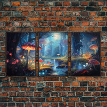 Load image into Gallery viewer, Magical dark forest art print on canvas, fantasy forest, oil style painting, large landscape wall art for home, ready to hang, 3 Piece Art