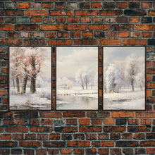 Carregar imagem no visualizador da galeria, 3 Piece Winter Scene, Framed Canvas Prints, Triptych Christmas Painting, Christmas Decor, Winter Art, Christmas Wall art, Xmas Art