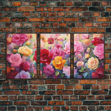 Load image into Gallery viewer, Beautiful Rose Art, Framed Canvas Print, Floral Art, Botanical Decor, Blue and Yellow Roses, 3 Piece Art Set