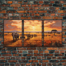 Load image into Gallery viewer, Elephant Print, Animal Wall Art, Sunset Print, Canvas Print, Wall Art, 3 Piece Wall Art, Nature Print, Retirement Gifts, Modern Office Art