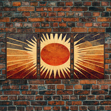 Carregar imagem no visualizador da galeria, Abstract Midcentury Modern Sunburst, Art Deco Style art, sun with rays, sun burst, boho style, 3 Piece Wall Art, Ready To Hang Canvas Print