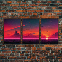 Load image into Gallery viewer, Cyber punk City At Sunset, Outrun, 3 Piece Wall Art, Ready To Hang Canvas Print, Cool Unique Mancave wall Art Decor