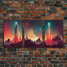 Load image into Gallery viewer, Art Deco Scifi Art, Science Fiction Space Ships, 3 Piece Wall Art, Ready To Hang Canvas Print, Cool Unique Mancave wall Art Decor