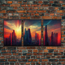 Load image into Gallery viewer, Cyberpunk City At Sunset, Futuristic, 3 Piece Wall Art, Ready To Hang Canvas Print, Cool Living Room Wall Art Decor