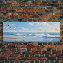 Load image into Gallery viewer, Blue Beach, Ocean Waves & Seagulls Panoramic Framed Canvas Print - Perfect for Living Room, Bedroom, Office Decor