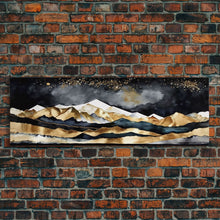 Load image into Gallery viewer, Black & Gold Mountain Landscape Painting, Framed Canvas Print, Panoramic Art, Extra Wide Art, Center Piece Decor, Above Fireplace or Sofa