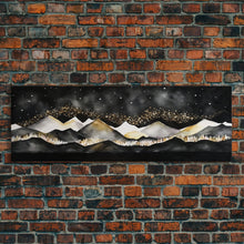 Load image into Gallery viewer, Black & Gold Mountain Landscape Painting, Framed Canvas Print, Panoramic Art, Extra Wide Art, Center Piece Decor, Above Fireplace or Sofa
