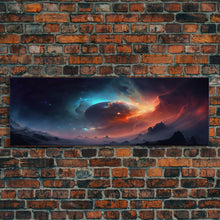 Load image into Gallery viewer, Beautiful Science Fiction Wall Art, Synthwave Style Scifi Art, Framed Canvas Print, Panoramic Alien Worlds and Star Filled Night Sky