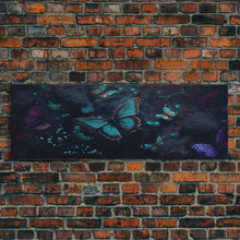 Load image into Gallery viewer, Blue Butterflies, Framed Canvas Print, Bioluminescent Glowing Butterfly Art, Framed Wall Art