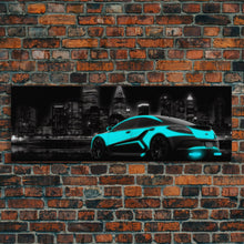 Cargar imagen en el visor de la galería, City Skyline Wall Art, Teal Sports Car, Abstract Urban Art, Cityscape Art, Dark Night Large Urban Art, Panoramic, Wall Art, Canvas Print