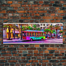 Load image into Gallery viewer, Colorful Vibrant Tram Wall Art, Palm Trees Art Print, Colored Pencil Sketch, Framed Canvas, Abstract Art, Panoramic, Wall Art, Canvas Print