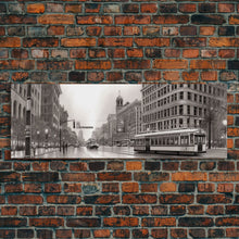 Load image into Gallery viewer, Detailed Street Sketch Canvas Print, City Wall Art, Bus, Cars, Buildings, Monochromatic Urban Art Print, Panoramic, Wall Art, Canvas Print