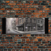 Load image into Gallery viewer, Dystopian City Canvas Print, Buildings, Man On Street, Urban Art, Large Urban Art Print, Wall Decor, Panoramic, Wall Art, Canvas Print