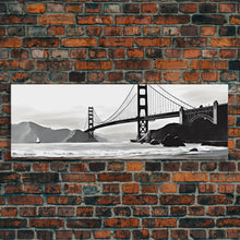 Load image into Gallery viewer, Black And White Suspension Bridge Canvas Print, Large Urban Art Print, Sailboat, River, Landscape, Panoramic, Wall Art, Canvas Print
