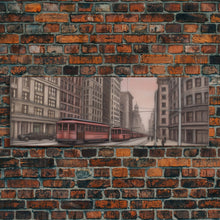Cargar imagen en el visor de la galería, Colored Pencil Streetcar Urban Art Print, Red Train, Tram In The City, Sketch Art, City Art, Urban Print, Panoramic, Wall Art, Canvas Print