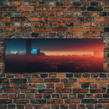 Load image into Gallery viewer, Cyberpunk Cityscape, Ready To Hang Canvas Print, Panoramic, Cyberpunk Concept Art, Cityscape at Sunset, Cool mancave art, gift for him