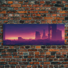 Load image into Gallery viewer, Cyberpunk Cityscape, Ready To Hang Canvas Print, Panoramic, Cyberpunk Concept Art, Cityscape at Sunset, Cool mancave art, Purplewave