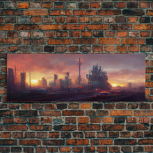 Load image into Gallery viewer, Cyberpunk City, Night City Watercolor, Ready To Hang Canvas Print, Panoramic, Videogame Concept Art, Watercolor Painting Of a Cyberpunk City