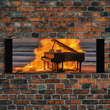Carregar imagem no visualizador da galeria, Burning Piano On The Beach, Surreal Art, Framed Canvas Print, Panoramic Wall Art