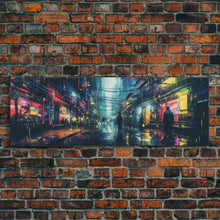 Load image into Gallery viewer, Cyberpunk Tokyo City Streets, Framed Canvas Print, Cyberpunk Style Wall Art, Synthwave Decor, Videogame Concept Art