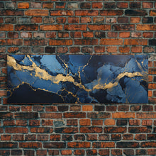 Load image into Gallery viewer, Black, Blue and Gold Marble Canvas Wall Art, Abstract Canvas Art, Panoramic Art, Large Wall Art, Marble Wall Decor, Large Canvas Modern Art
