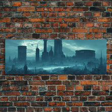 Load image into Gallery viewer, Dystopian Cyberpunk Metropolis, Steampunk Mashup, Extra Large Wall Art, Framed Panoramic Canvas Print, Framed Wall Art