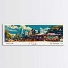 Carregar imagem no visualizador da galeria, Austin Texas Panoramic Travel Poster Framed Canvas Print, Mid Century Modern Art, Pop Art Style, Wall Art Decor, Home Decoration