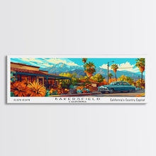 Carregar imagem no visualizador da galeria, Bakersfield California Panoramic Painting Framed Canvas Print, Mid Century Modern Art, Pop Art Style, Travel Poster, Living Room Decor