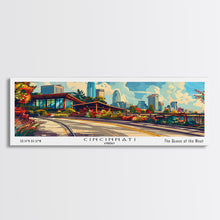 Load image into Gallery viewer, Cincinnati Ohio Panoramic Painting Framed Canvas Print, Mid Century Modern Art, Pop Art Style, Travel Poster, Wall Art Decor