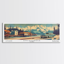 Load image into Gallery viewer, Anchorage Alaska Panoramic Painting, Mid Century Modern Framed Canvas Print, Retro Pop Art Travel Poster, Wall Art, Home Decor, Office Art