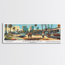 Load image into Gallery viewer, Bakersfield California Panoramic Wall Art, Mid Century Modern Framed Canvas Print, Retro Pop Art Travel Poster, Office Wall Art, Living Room Decor