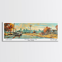 Carregar imagem no visualizador da galeria, Buffalo New York Panoramic Painting, Mid Century Modern Framed Canvas Print, Retro Pop Art Travel Poster, Wall Decor, Home Decor, Wall Hanging