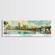 Cargar imagen en el visor de la galería, Charlotte North Carolina Panoramic Painting, Mid Century Modern Framed Canvas Print, Retro Pop Art Travel Poster, Wall Art, Home Decor, Office Art
