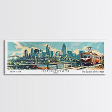 Load image into Gallery viewer, Cincinnati Ohio Panoramic Wall Art, Retro Pop Art Framed Canvas Print, Mid Century Modern Travel Poster, Living Room Decor, Wall Hanging, Office Art