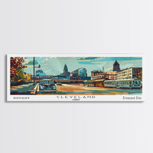 Load image into Gallery viewer, Cleveland Ohio Panoramic Wall Art, Mid Century Modern Framed Canvas Print, Retro Pop Art Travel Poster, Office Wall Art, Living Room Decor
