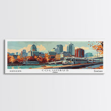 Load image into Gallery viewer, Columbus Ohio Panoramic Painting, Mid Century Modern Framed Canvas Print, Retro Pop Art Travel Poster, Wall Art, Home Decor, Office Art, Gift Idea