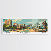 Load image into Gallery viewer, Detroit Michigan Panoramic Wall Art, Mid Century Modern Framed Canvas Print, Retro Pop Art Travel Poster, Office Art, Living Room Decor