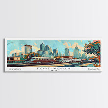 Carregar imagem no visualizador da galeria, Fort Worth Texas Panoramic Wall Art, Mid Century Modern Framed Canvas Print, Retro Pop Art Travel Poster, Office Art, Living Room Decor
