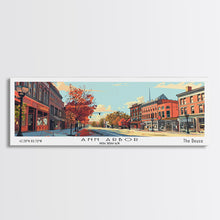 Load image into Gallery viewer, Ann Arbor Michigan Panoramic Painting, Mid Century Modern Framed Canvas Print, Retro Pop Art Travel Poster, Office Art, City Print