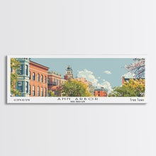 Load image into Gallery viewer, Ann Arbor Michigan Panoramic Painting, Mid Century Modern Framed Canvas Print, Retro Pop Art Travel Poster, Living Room Wall Art Decor, City Print