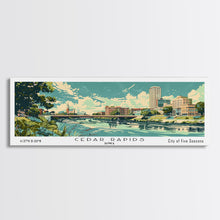 Cargar imagen en el visor de la galería, Cedar Rapids Iowa Panoramic Painting, Mid Century Modern Framed Canvas Print, Retro Pop Art Travel Poster, Living Room Wall Art Decor, City Print