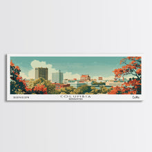 Load image into Gallery viewer, Columbia Missouri Panoramic Wall Art, Mid Century Modern Framed Canvas Print, Retro Pop Art Travel Poster, City Home Decor, Office Wall Art