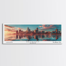 Load image into Gallery viewer, Detroit Michigan Panoramic Painting, Mid Century Modern Framed Canvas Print, Retro Pop Art Travel Poster, City Wall Decor, Home Art