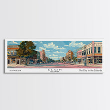 Load image into Gallery viewer, Elgin Illinois Panoramic Painting, Mid Century Modern Framed Canvas Print, Retro Pop Art Travel Poster, City Wall Art, Living Room Decor