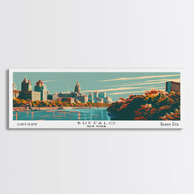 Carregar imagem no visualizador da galeria, Buffalo New York Panoramic Painting, Framed Canvas Print, Mid Century Modern Wall Art, Retro Pop Art Travel Poster, Office Decor, City Art
