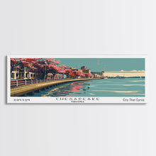 Cargar imagen en el visor de la galería, Chesapeake Virginia Panoramic Painting, Framed Canvas Print, Mid Century Modern Wall Art, Retro Pop Art Travel Poster, Living Room Decor, City Art