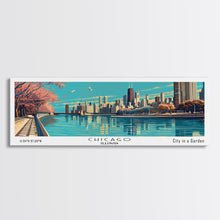 Load image into Gallery viewer, Chicago Illinois Panoramic Painting, Framed Canvas Print, Mid Century Modern Wall Art, Retro Pop Art Travel Poster, Office Decor, City Art