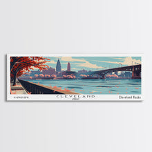 Cargar imagen en el visor de la galería, Cleveland Ohio Panoramic Painting, Framed Canvas Print, Mid Century Modern Wall Art, Retro Pop Art Travel Poster, Living Room Decor, City Art